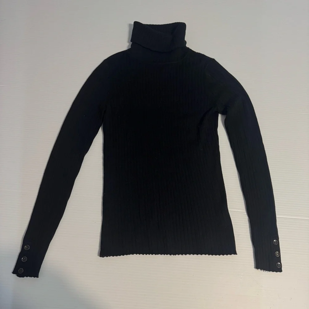 J. McLaughlin Arlette Ribbed Turtleneck Sweater Black Women’s Large Buttons XS - Picture 3 of 10